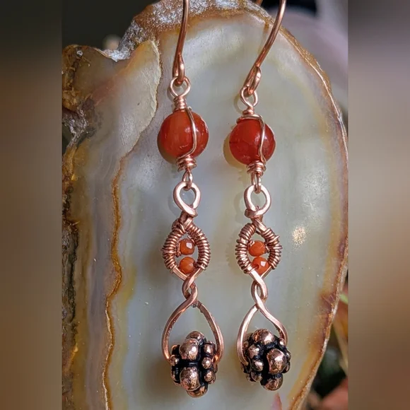 Copper Dangle Earrings Orange-Red Carnelian Agate Artisan Crafted - Picture 7 of 16